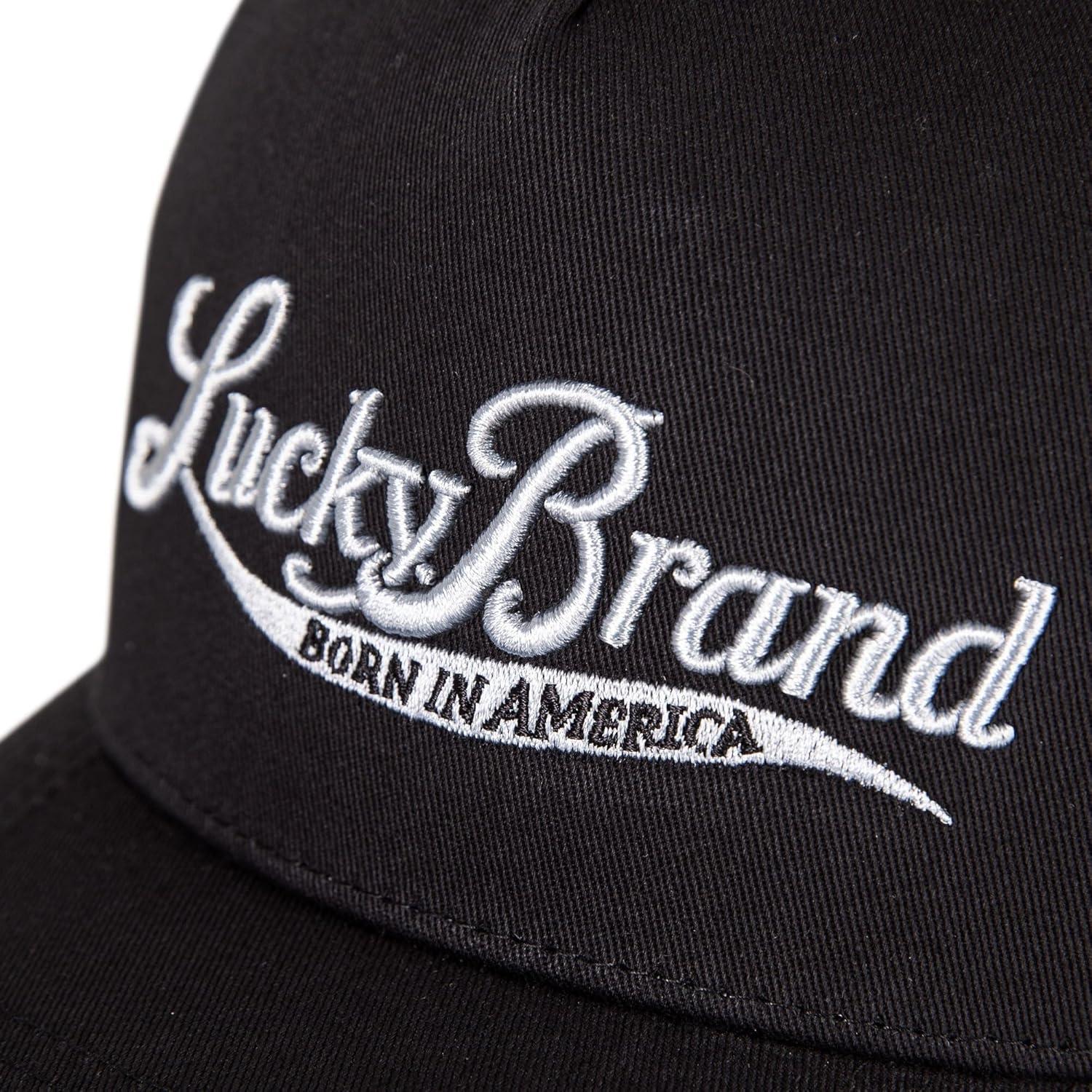 imageLucky Brand Trucker Hat  Snapback  Adjustable  Mesh Back  Retro  Baseball Cap  Golf  Fishing  American HeritageBorn in America  Black