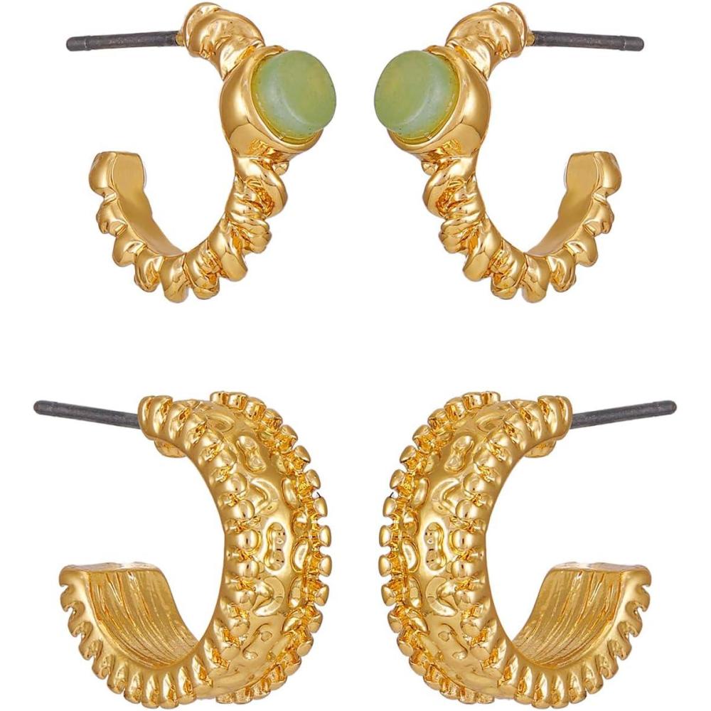 imageLucky Brand 2 Pairs Trendy Green Aventurine Hoops Earrings Set