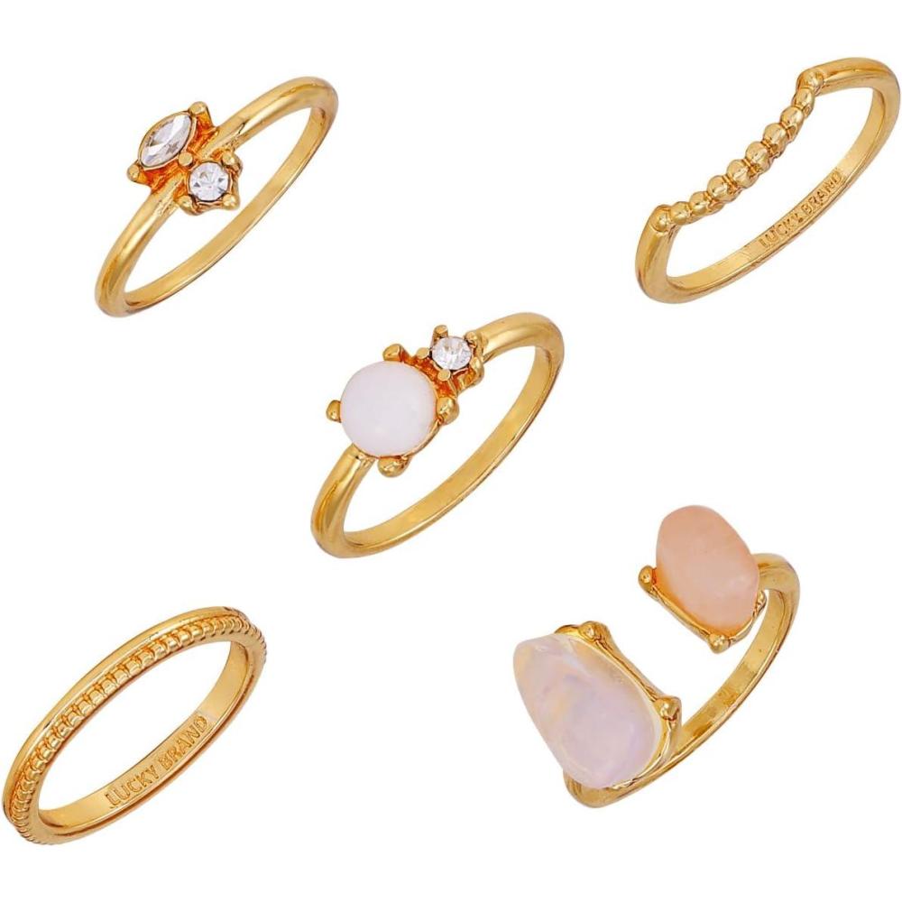 imageLucky Brand 5 Pack Gold Plated Rose Quartz Opal and White Stone Rings Set  Size 7