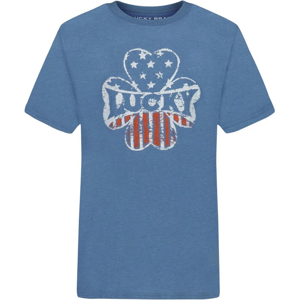 imageLucky Brand Boys Short Sleeve Graphic Crew Neck TShirt Soft Comfortable Relaxed FitClover Copen Blue Heather