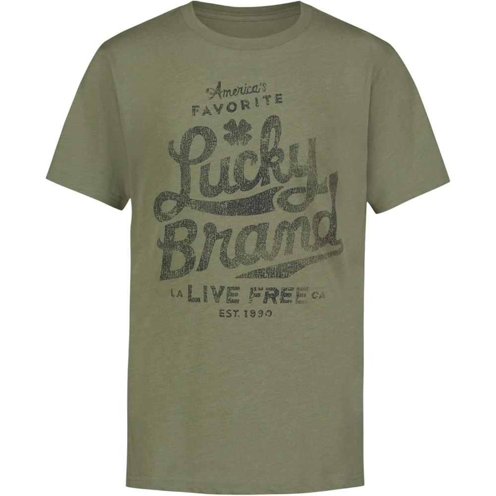imageLucky Brand Boys Short Sleeve Graphic Crew Neck TShirt Soft Comfortable Relaxed FitFavorite Oil Green Heather