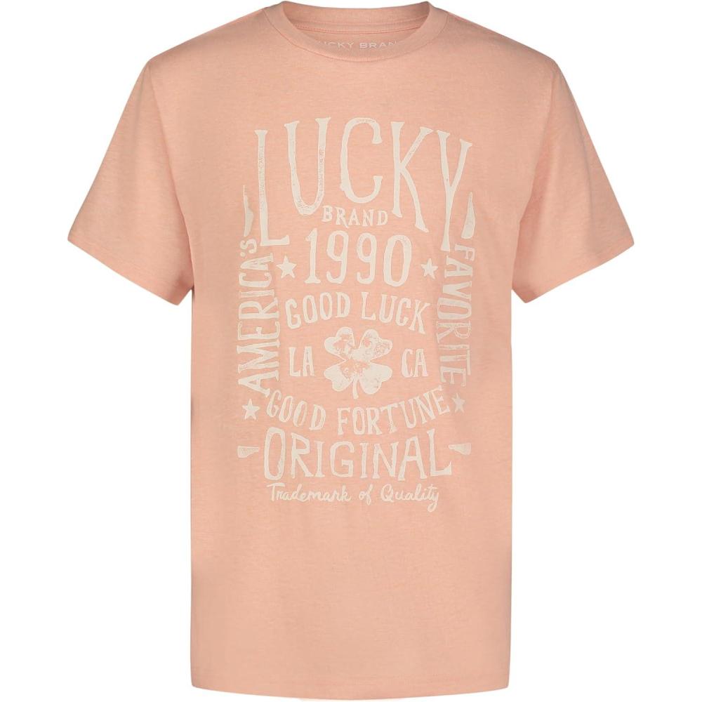 imageLucky Brand Boys Short Sleeve Graphic Crew Neck TShirt Soft Comfortable Relaxed FitFortune Peach Bloom Heather