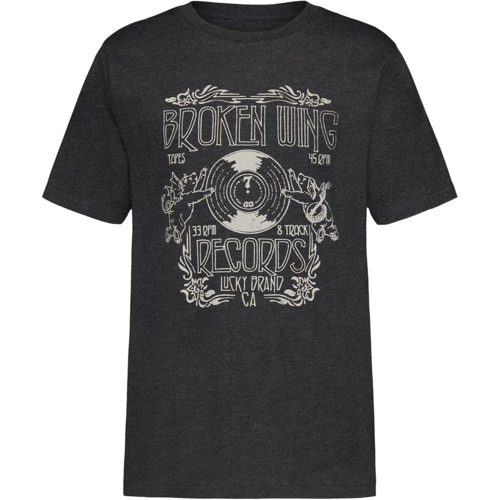 imageLucky Brand Boys Short Sleeve Graphic Crew Neck TShirt Soft Comfortable Relaxed FitRecord Label Dark Grey