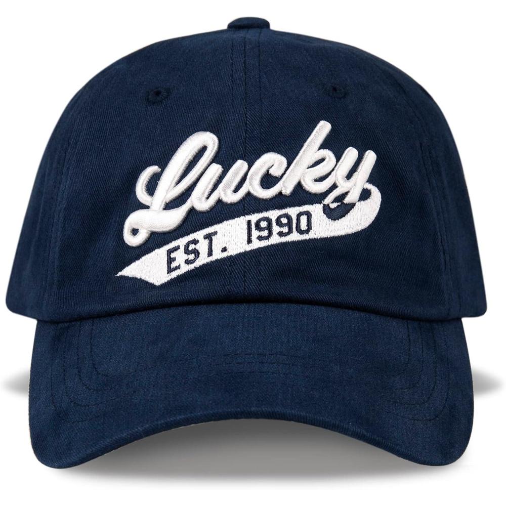 imageLucky Brand Classic Cotton Hat  Adjustable  Dad Hat  Baseball Cap  Golf  Fishing  Low Profile  5 Panel Design1990 Embroidered  Navy