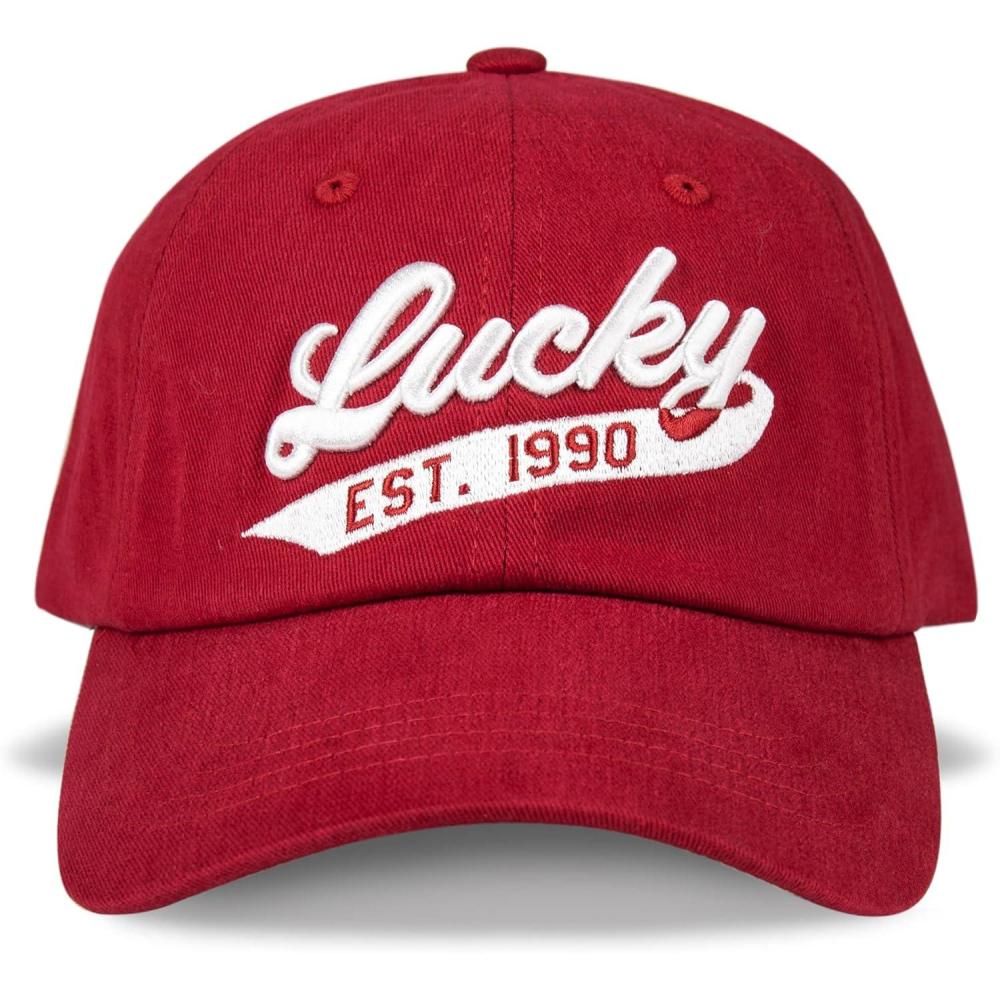 imageLucky Brand Classic Cotton Hat  Adjustable  Dad Hat  Baseball Cap  Golf  Fishing  Low Profile  5 Panel Design1990 Embroidered  Red