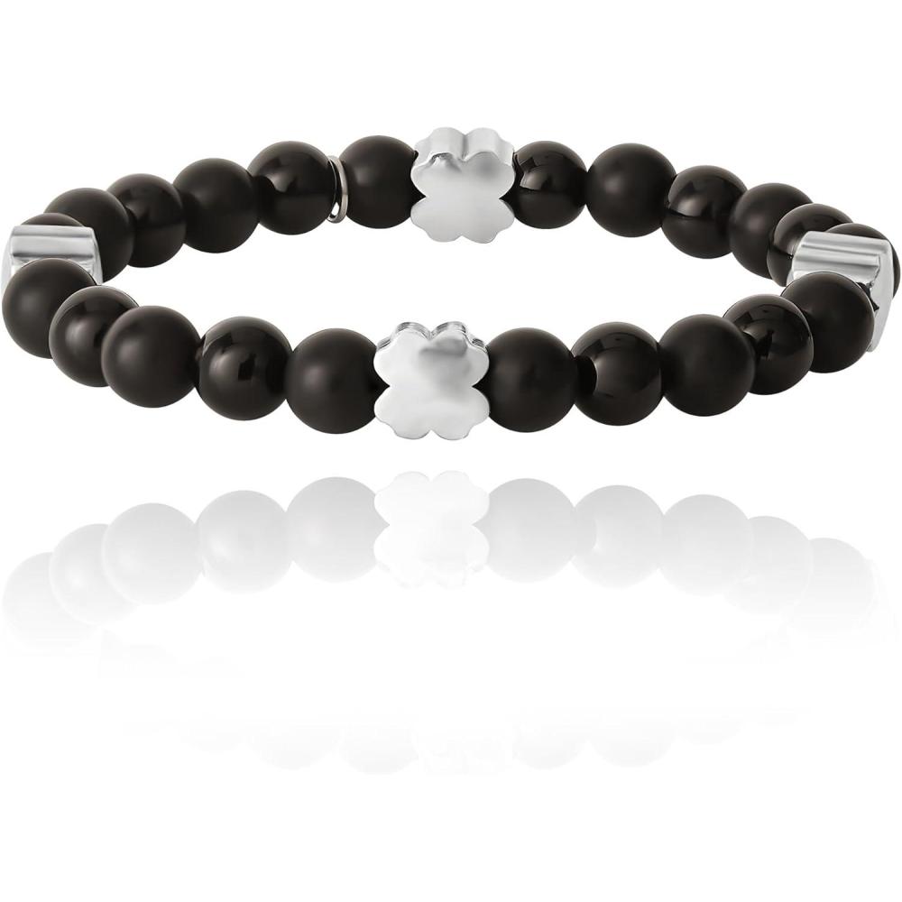 imageLucky Brand Clover and Black Onyx Bead Bracelet for Men Silver FlashPlated Brass Black Beaded Bracelet Stretch Bracelet
