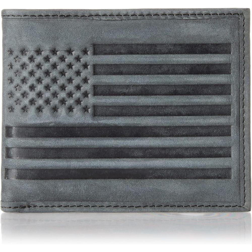 imageLucky Brand Mens Bifold Wallet  ID Window  Card Slots  Genuine Leather  Organization  Durable  StylishFlag Embossed Leather  Black