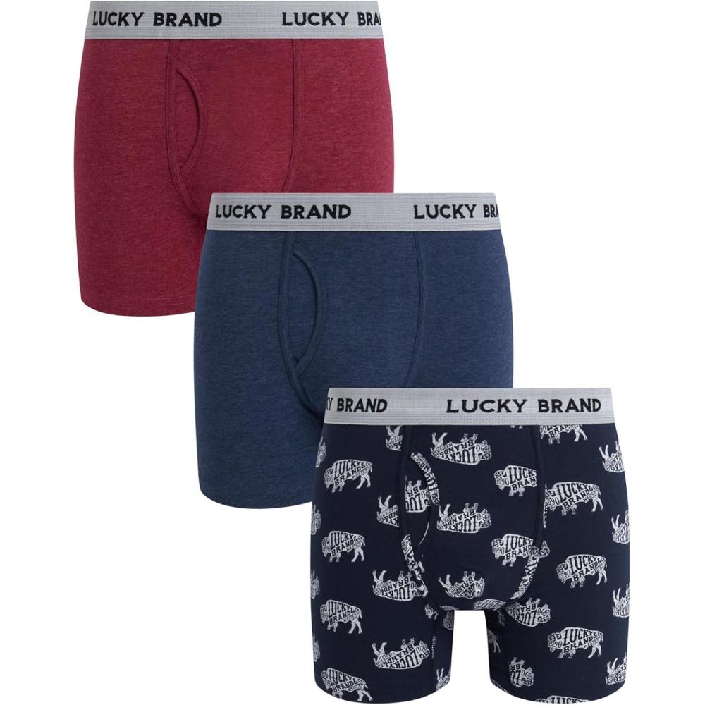 imageLucky Brand Mens Boxer Briefs  3 Pack Soft Stretch Casual Mens Underwear with Functional Fly Pouch Boxers S2XLIndigo HeatherShadow BlackTibetan Red