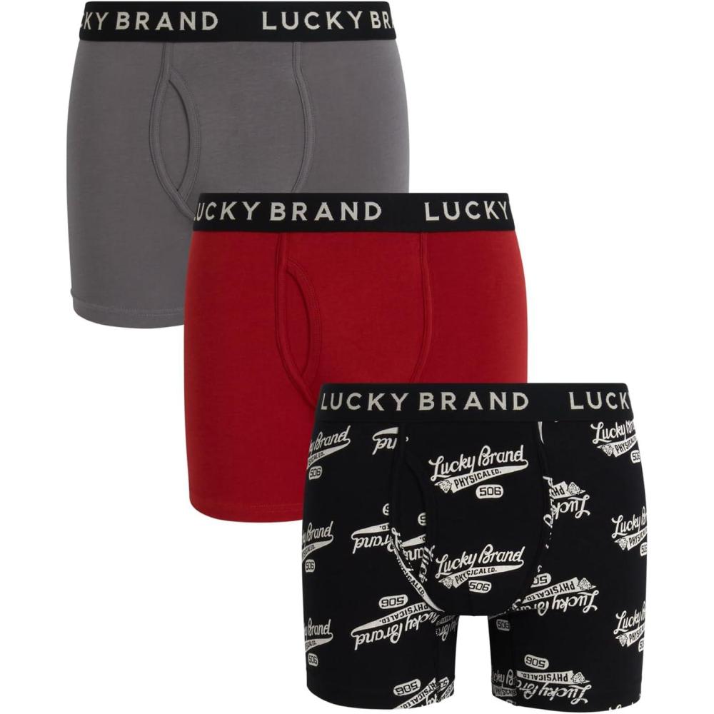 imageLucky Brand Mens Boxer Briefs  3 Pack Soft Stretch Casual Mens Underwear with Functional Fly Pouch Boxers S2XLMedium GreyJet Black PrintRed Ochre