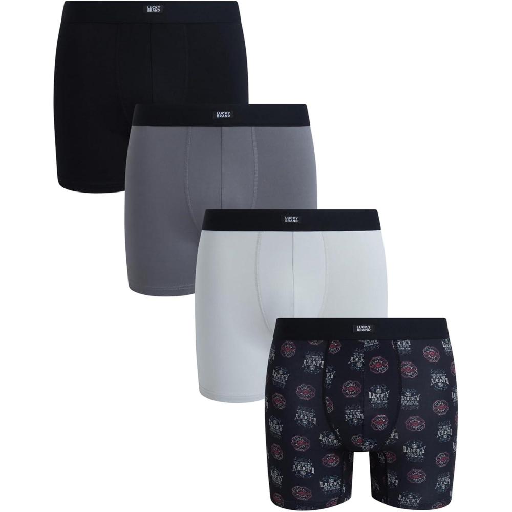 imageLucky Brand Mens Boxer Briefs  4 Pack Sport Soft Boxers for Men with No Fly Pouch  Performance Mens Underwear Boxer BriefsMedium GreyBlackBlack PrintSoft Grey