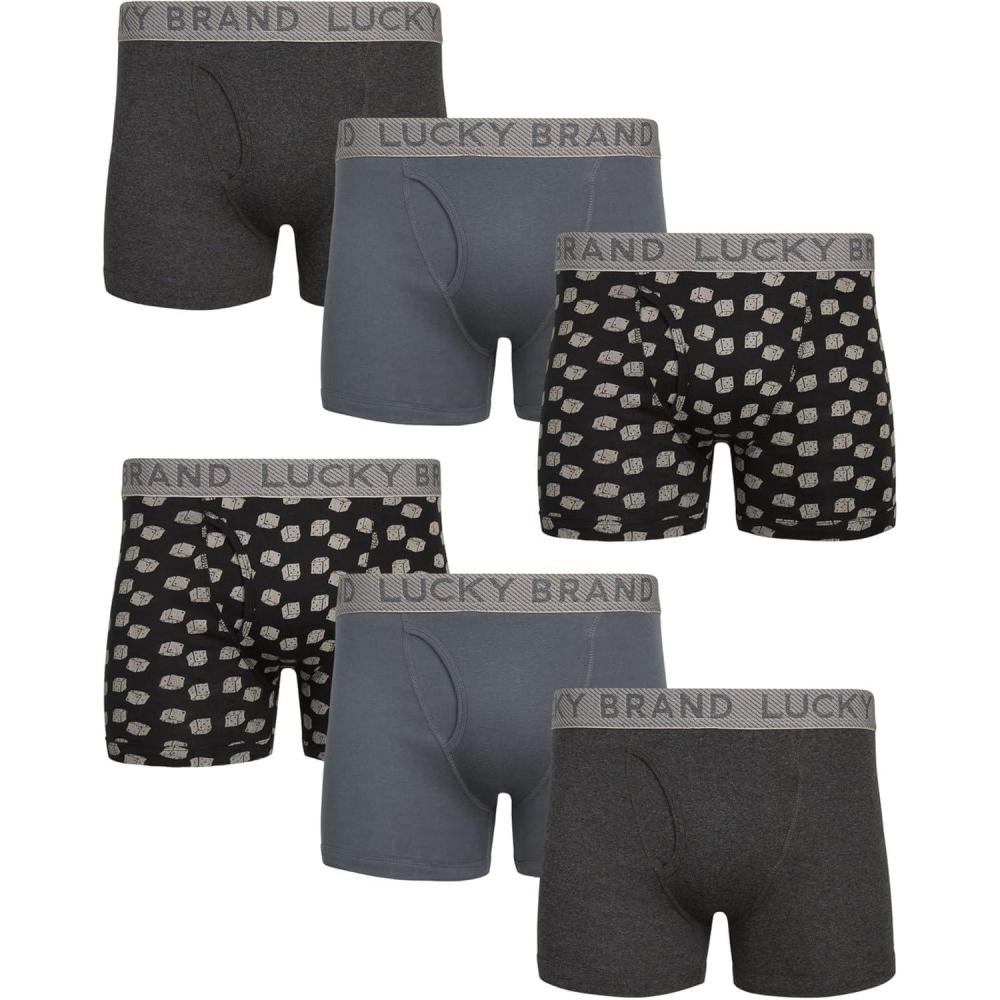 imageLucky Brand Mens Boxer Briefs  6 Pack Classic Mens Underwear Boxer Briefs with Functional Fly  Soft Cotton Boxers for MenBlue HeatherPrintCharcoal