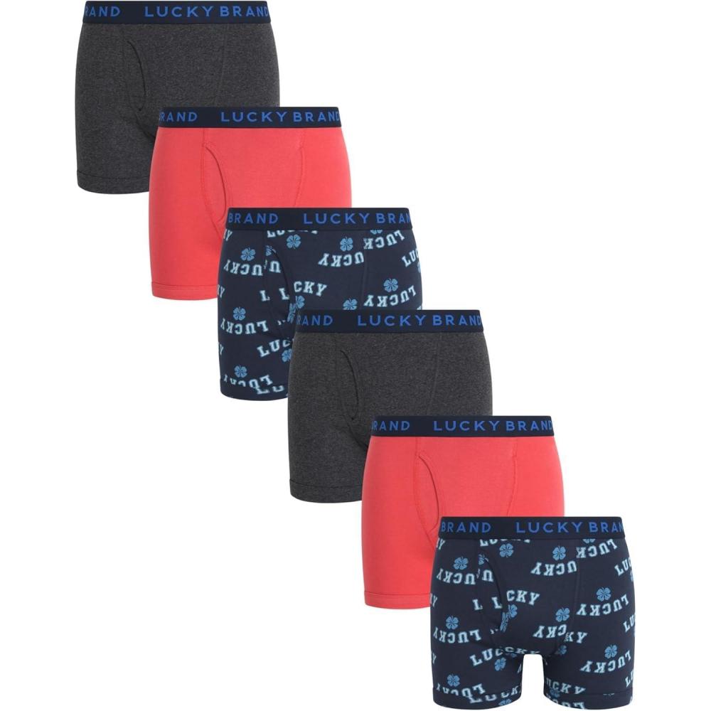 imageLucky Brand Mens Boxer Briefs  6 Pack Classic Mens Underwear Boxer Briefs with Functional Fly  Soft Cotton Boxers for MenCharcoal Grey HeatherMood Indigo PrintMineral Red