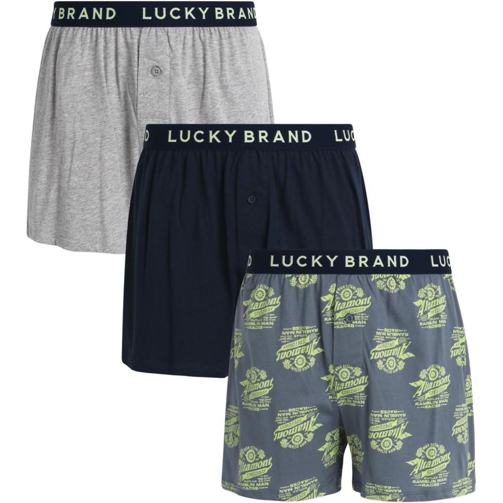imageLucky Brand Mens Boxer Shorts  3 Pack Knit Cotton Boxers for Men with Functional Fly  Lightweight Mens Underwear BoxersDark GreyStormy Weather PrintLight Grey Heather