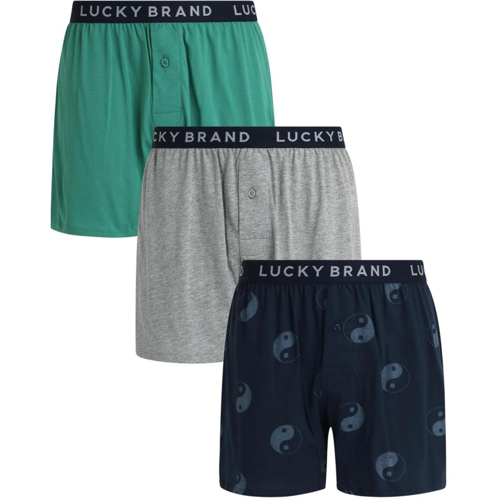 imageLucky Brand Mens Boxer Shorts  3 Pack Knit Cotton Boxers for Men with Functional Fly  Lightweight Mens Underwear BoxersHeather GreyPrintBottle Green