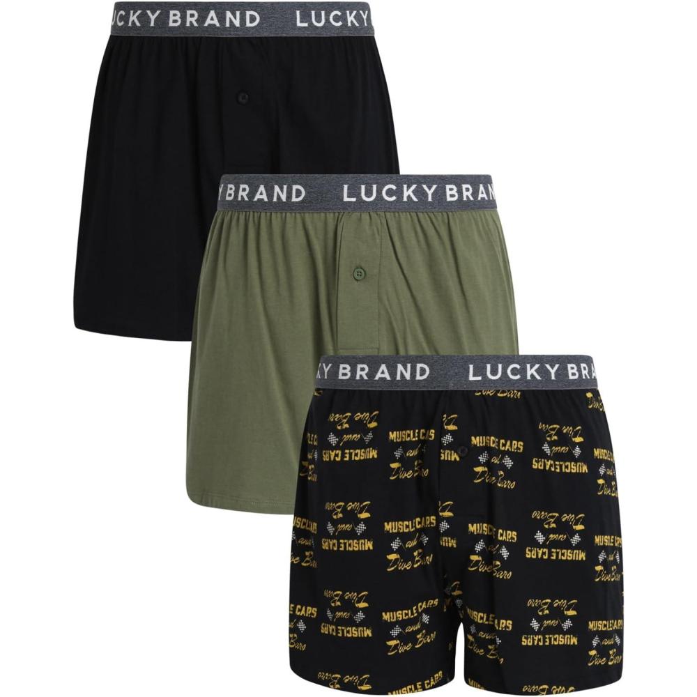 imageLucky Brand Mens Boxer Shorts  3 Pack Knit Cotton Boxers for Men with Functional Fly  Lightweight Mens Underwear BoxersJet BlackJet Black PrintGreen
