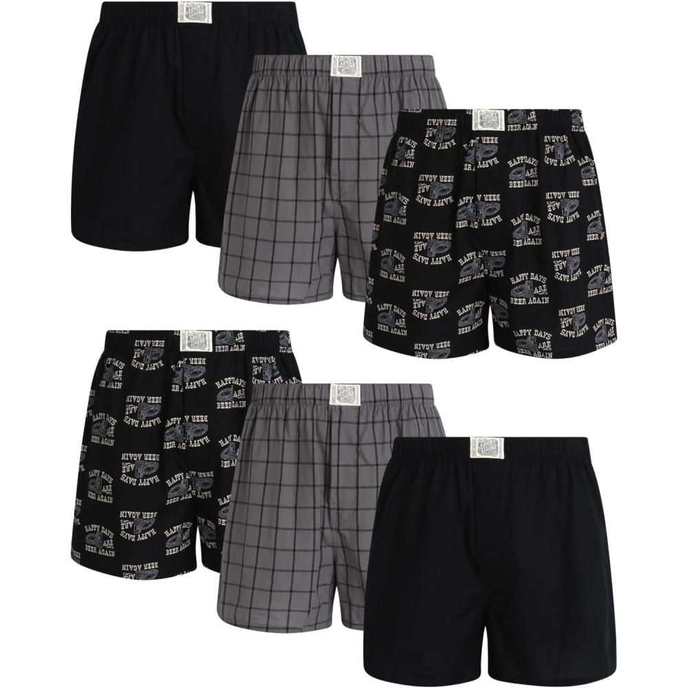 imageLucky Brand Mens Boxer Shorts  6 Pack Relaxed Fit Cotton Boxers with Functional Fly and Elastic Waistband Sizes SXLDecember Sky PlaidJet BlackJet Black Print