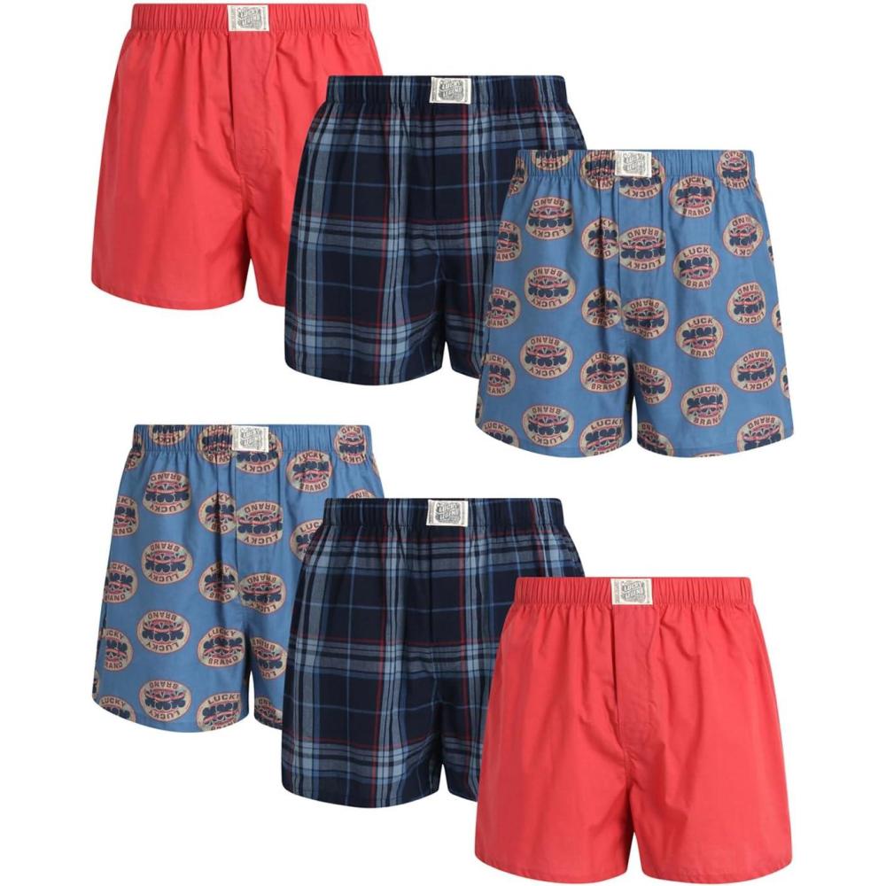 imageLucky Brand Mens Boxer Shorts 6 Pack Relaxed Fit Cotton Boxers with Functional Fly and Elastic Waistband Sizes SXLMood Indigo PlaidMineral RedCoronet Blue Print
