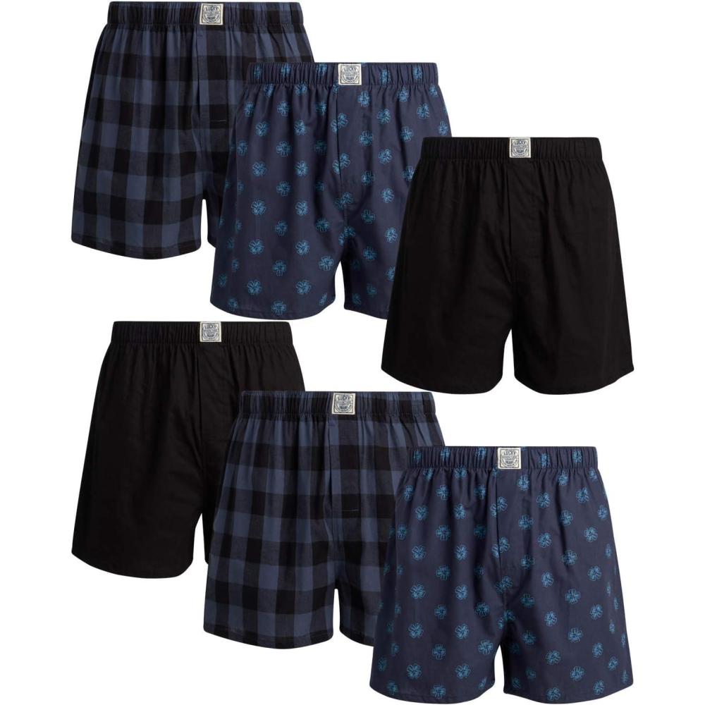imageLucky Brand Mens Boxer Shorts  6 Pack Relaxed Fit Cotton Boxers with Functional Fly and Elastic Waistband Sizes SXLNavyPlaidPrint