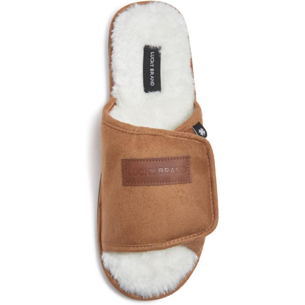 imageLucky Brand Mens Microsuede Memory Foam Open Toe Slippers Cool Adjustable Strap Indoor Outdoor House Sliders for MenTanWhite