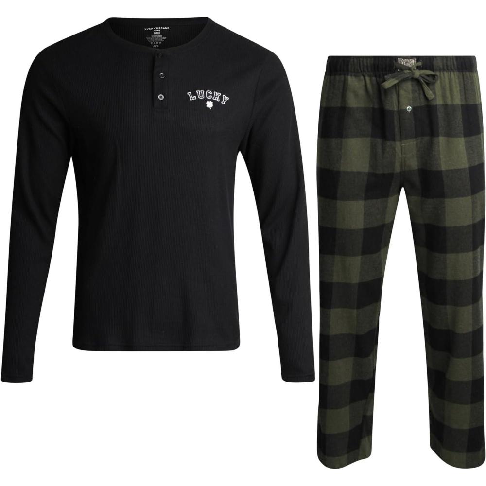 imageLucky Brand Mens Pajama Set  2 Piece Long Sleeve Crewneck Mens Shirts and Flannel Lounge Pants  Cozy Pajama Pants Set SXLJet Blackfour Leaf Clover Plaid