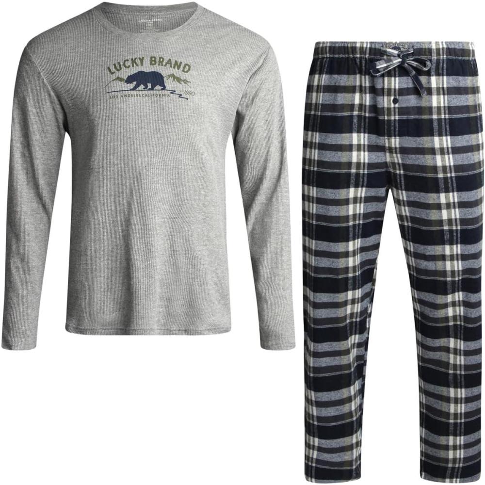 imageLucky Brand Mens Pajama Set  2 Piece Long Sleeve Waffle Knit Top and Flannel Fleece Thermal Pants  Cozy Mens Base LayersGrey HeatherPlaid