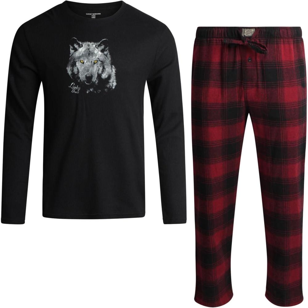 imageLucky Brand Mens Pajama Set  2 Piece Long Sleeve Waffle Knit Top and Flannel Fleece Thermal Pants  Cozy Mens Base LayersJet BlackJet BlackRed Plaid
