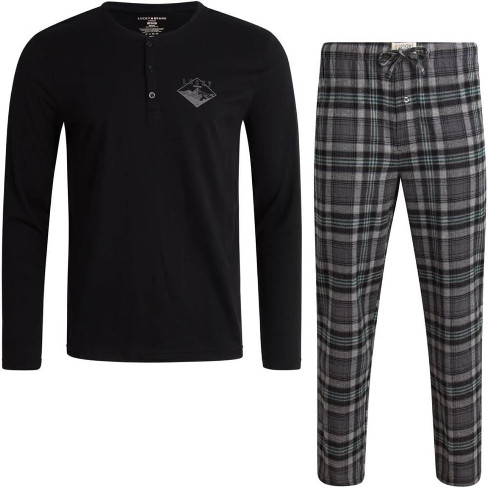 imageLucky Brand Mens Pajama Set  2 Piece Long Sleeve Waffle Knit Top and Flannel Fleece Thermal Pants  Cozy Mens Base LayersJet BlackMedium Grey Plaid
