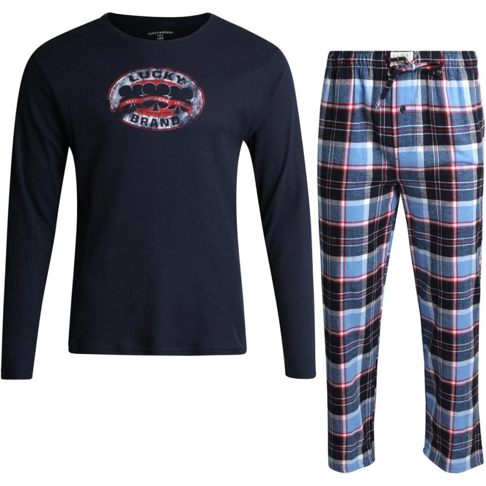 imageLucky Brand Mens Pajama Set  2 Piece Long Sleeve Waffle Knit Top and Flannel Fleece Thermal Pants  Cozy Mens Base LayersMood IndigoBlue Plaid