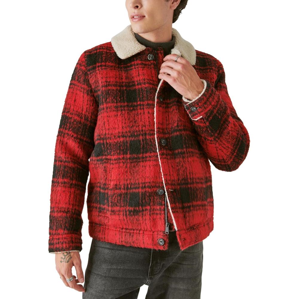 imageLucky Brand Mens Plaid Faux Shearling Lined Trucker JacketRed Plaid
