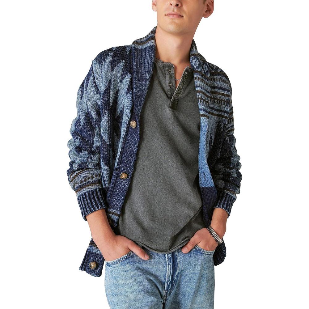 imageLucky Brand Mens Southwestern Print Shawl CardiganDark Denim Combo