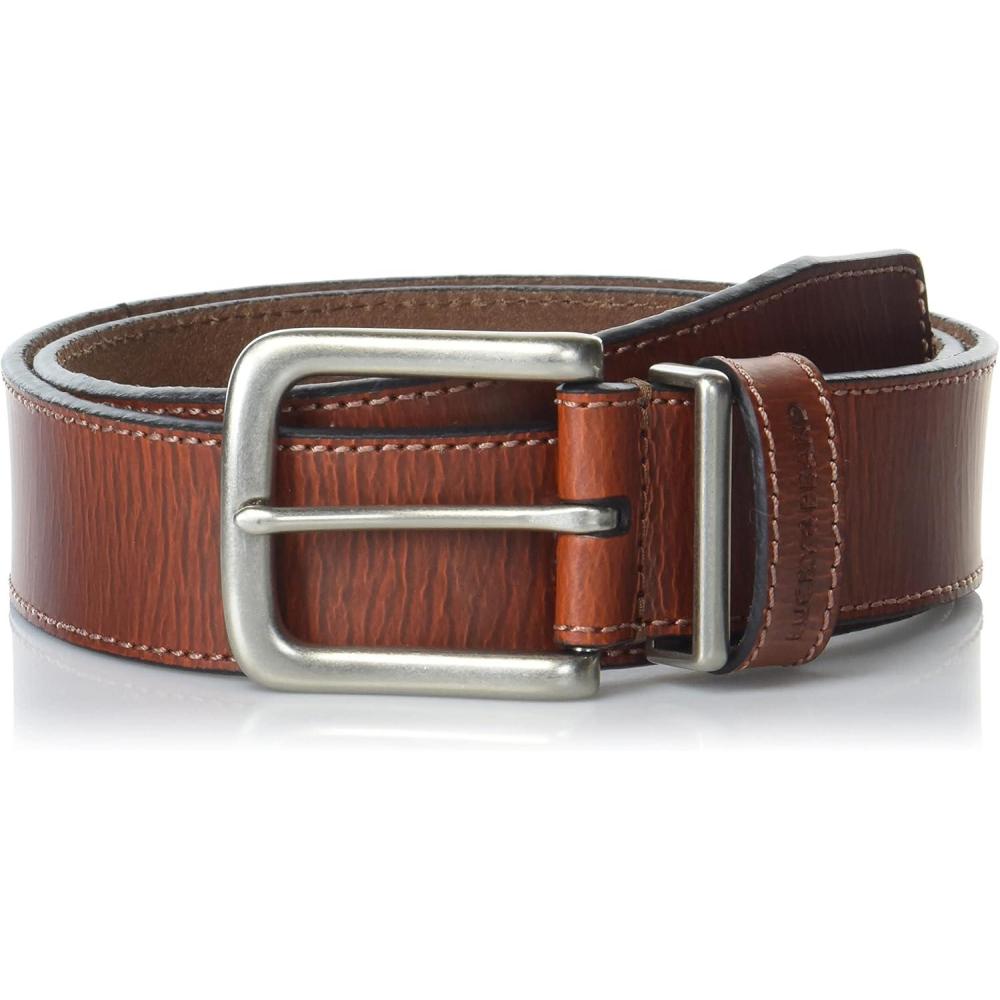 imageLucky Brand Mens Stitched Leather Belt  Classic  Casual  Dress  Everyday  Western  Genuine Leather  Metal BuckleLeather Keeper  Tan