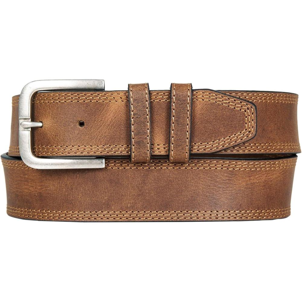 imageLucky Brand Mens Stitched Leather Belt  Classic  Casual  Dress  Everyday  Western  Genuine Leather  Metal BuckleTriple Needle Stitch  Tan