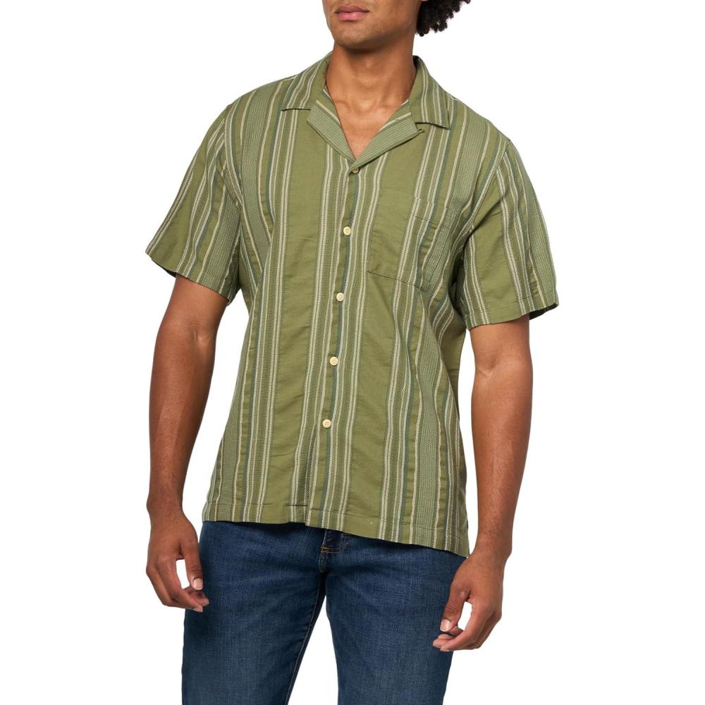 imageLucky Brand Mens Striped Short Sleeve Camp Collar ShirtOlive Multi
