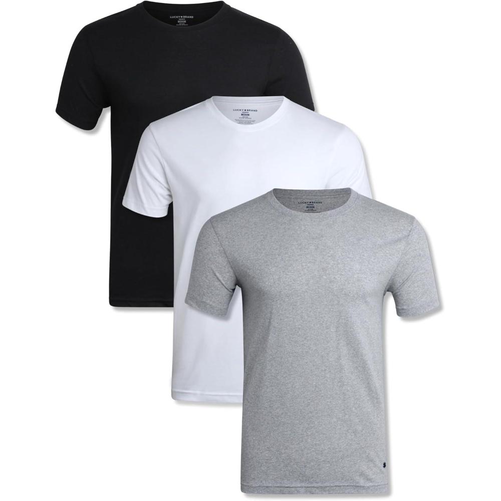 imageLucky Brand Mens Undershirt  3 Pack Basic Short Sleeve TShirts  Cotton Crewneck and VNeck Undershirts for Men SXLBlackWhiteGrey Crew