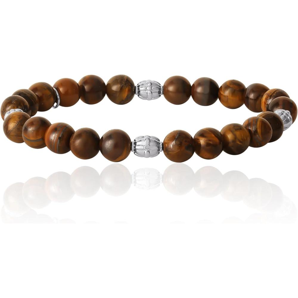imageLucky Brand Tiger Eye Bracelet for Men Silver FlashPlated Brass and Tigers Eye Bead Bracelet Stretch Beaded Bracelet
