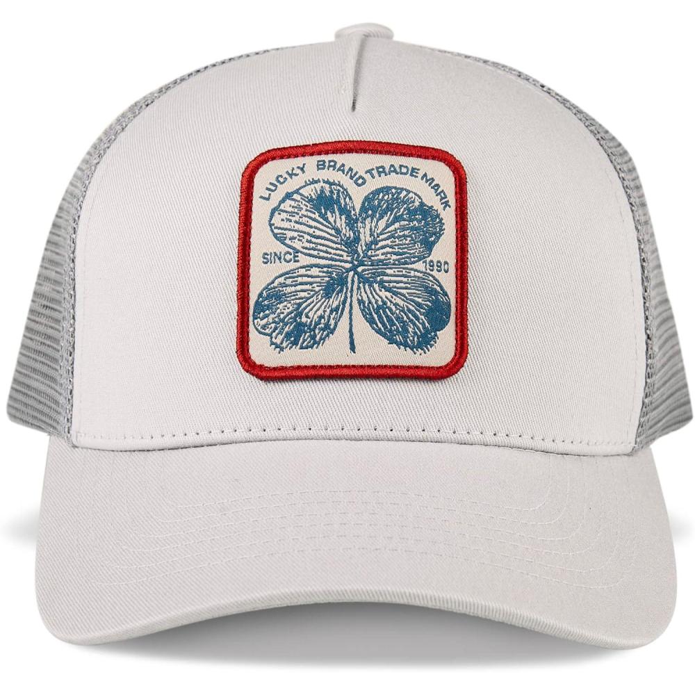 imageLucky Brand Trucker Hat  Snapback  Adjustable  Mesh Back  Baseball Cap  Golf  Fishing  American HeritageClover Patch  Light Grey