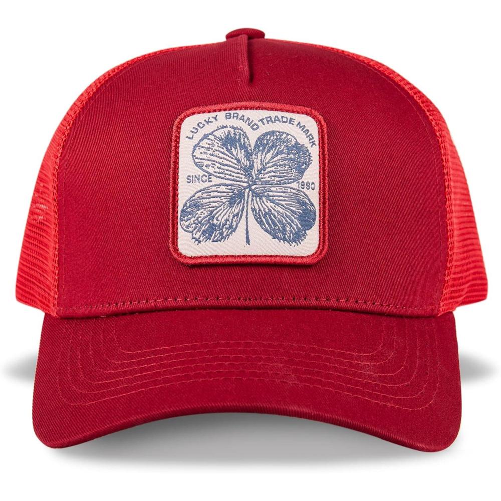 imageLucky Brand Trucker Hat  Snapback  Adjustable  Mesh Back  Baseball Cap  Golf  Fishing  American HeritageClover Patch  Red