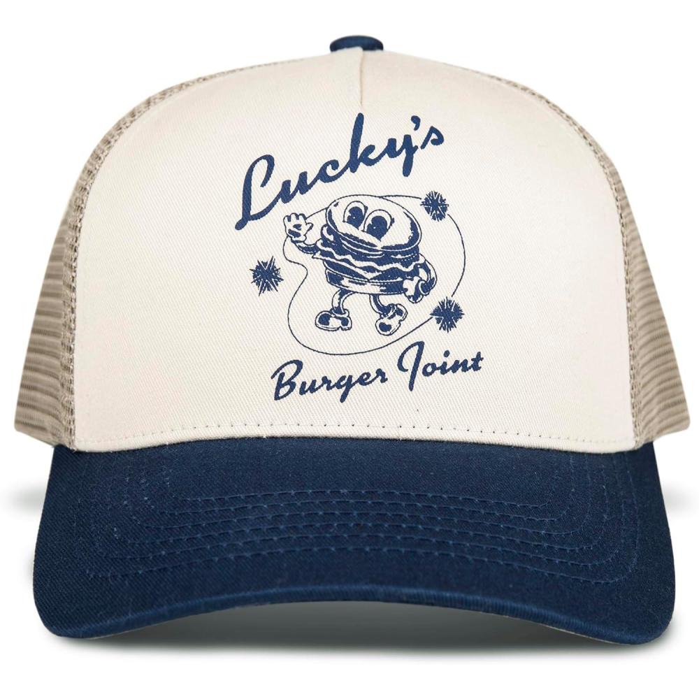 imageLucky Brand Trucker Hat  Snapback  Adjustable  Mesh Back  Retro  Baseball Cap  Golf  Fishing  American HeritageBurger Joint  Navy