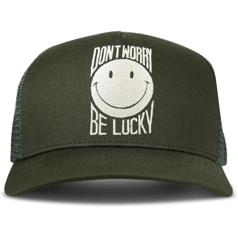 imageLucky Brand Trucker Hat  Snapback  Adjustable  Mesh Back  Retro  Baseball Cap  Golf  Fishing  American HeritageDont Worry  Be Lucky  Olive