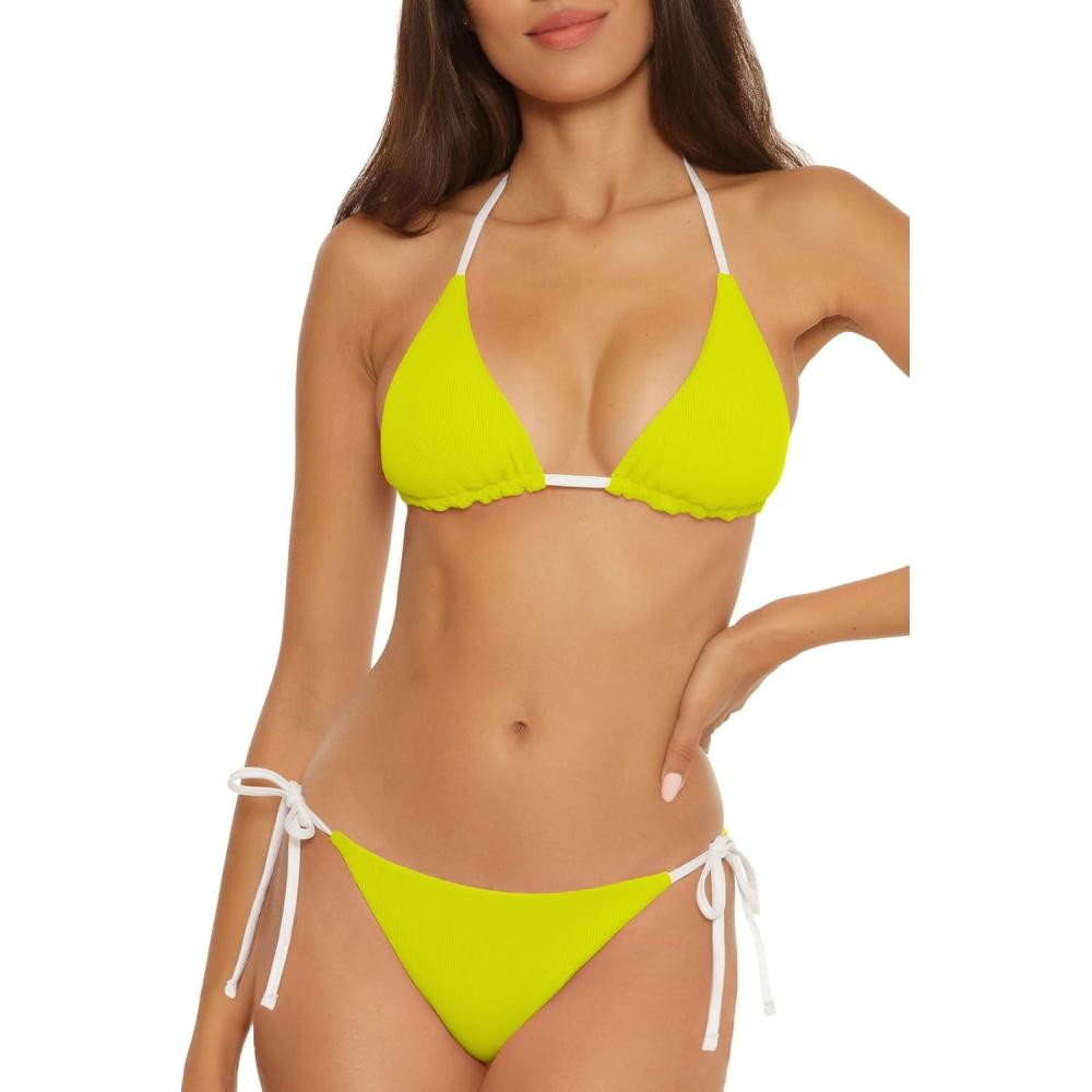 imageLucky Brand Womens Clear Lines Reversible Triangle Top and Tie Side Bottom Bikini Set Adjustable Two Piece SwimsuitsLemon