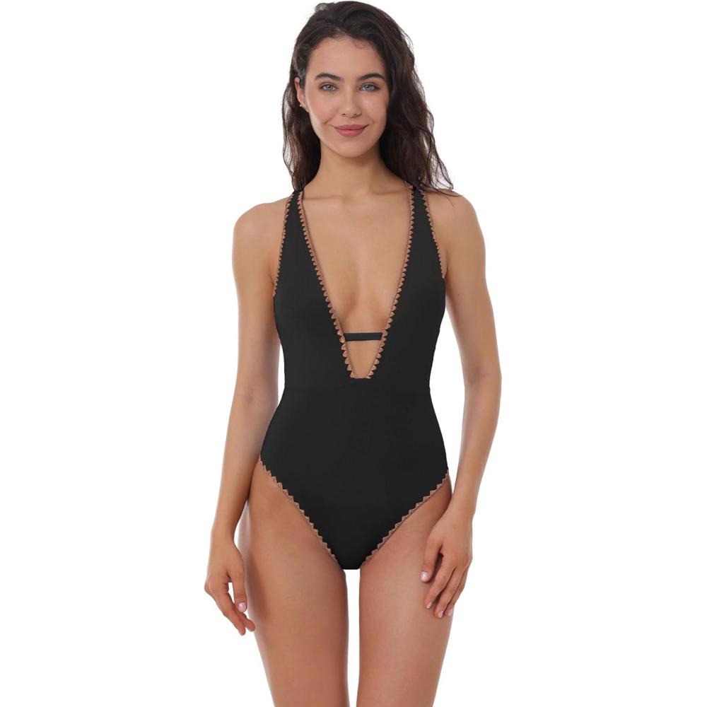 imageLucky Brand Womens Marbella Maillot One Piece Swimsuit Plunge Neck Bathing SuitsBlack