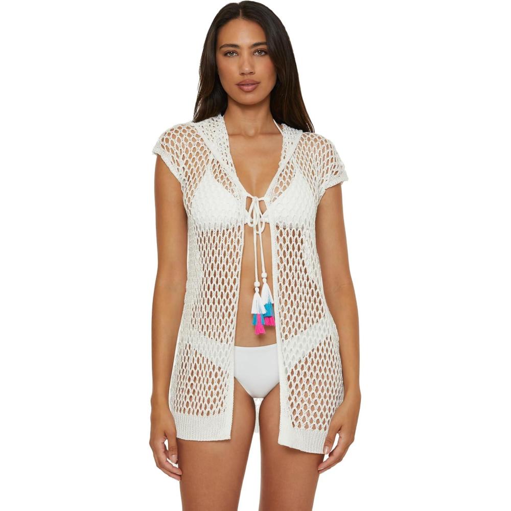 imageLucky Brand Womens Morro Hooded Fishnet Beach Cover Up Casual Swimsuit TopsWhite