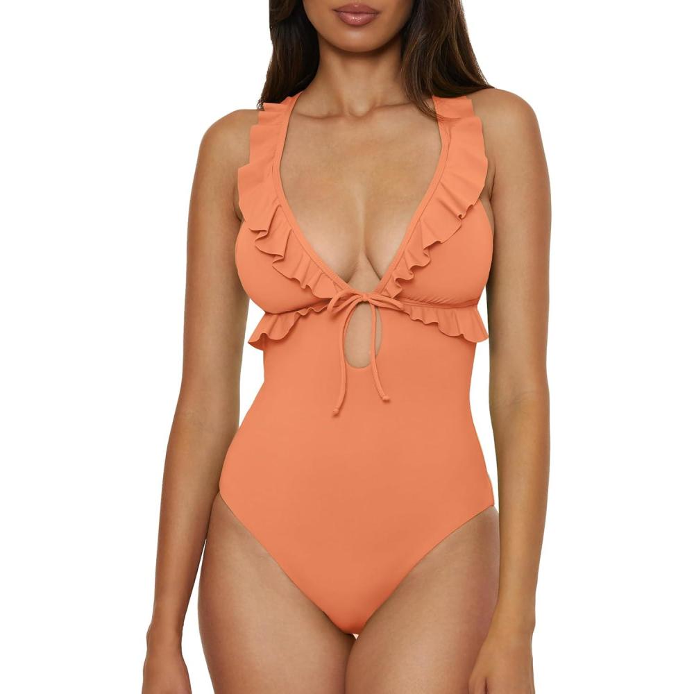 imageLucky Brand Womens Sea of Love Ruffle One Piece Swimsuit Plunge Neck Bathing SuitsApricot Ice