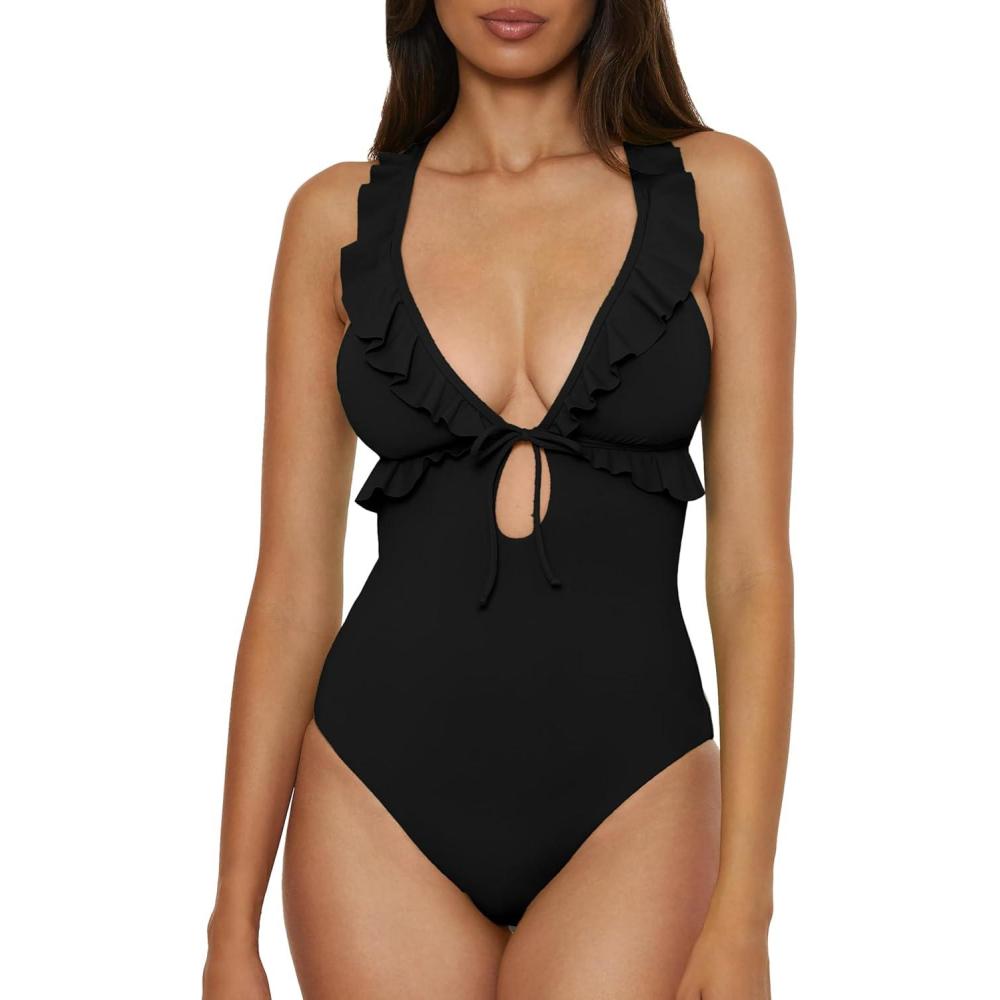 imageLucky Brand Womens Sea of Love Ruffle One Piece Swimsuit Plunge Neck Bathing SuitsBlack