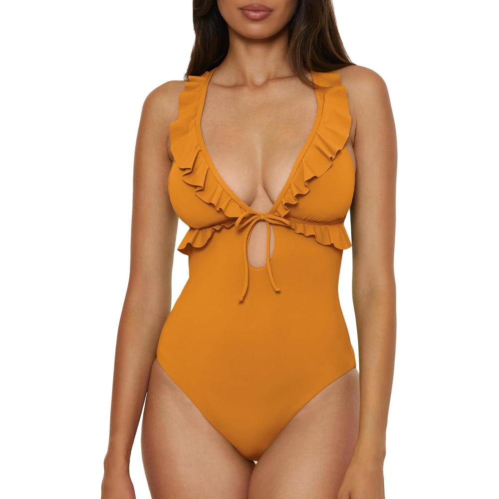 imageLucky Brand Womens Sea of Love Ruffle One Piece Swimsuit Plunge Neck Bathing SuitsGold