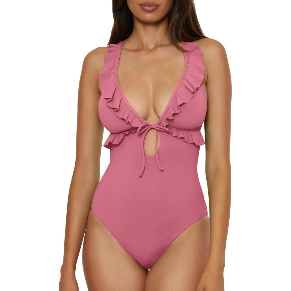 imageLucky Brand Womens Sea of Love Ruffle One Piece Swimsuit Plunge Neck Bathing SuitsPinkie