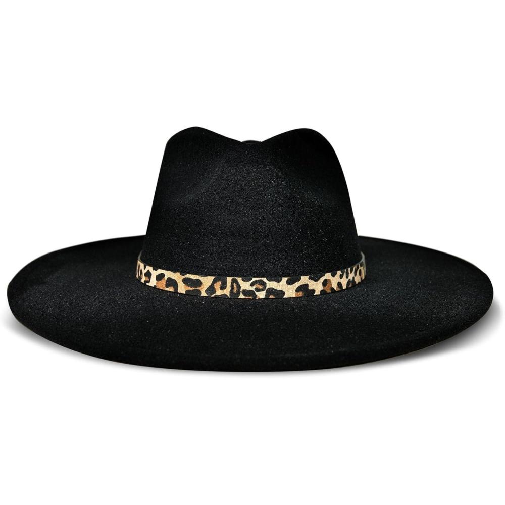imageLucky Brand Womens Wool Felt Fabric Wide Brim Ranger Boater Adjustable Hat One Size Fits MostRanger W Leopard Band  Black
