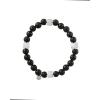 Lucky Brand Clover and Black Onyx Bead Bracelet for Men, Silver Flash-Plated Brass Black Beaded Bracelet, Stretch Bracelet