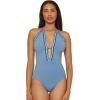 Lucky Brand Women’s Malaga Crochet Trim High Neck One Piece Swimsuit, Adjustable, Bathing Suits(Wisteria)