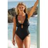 Lucky Brand Women’s Sea of Love Ruffle One Piece Swimsuit, Plunge Neck, Bathing Suits(Black)